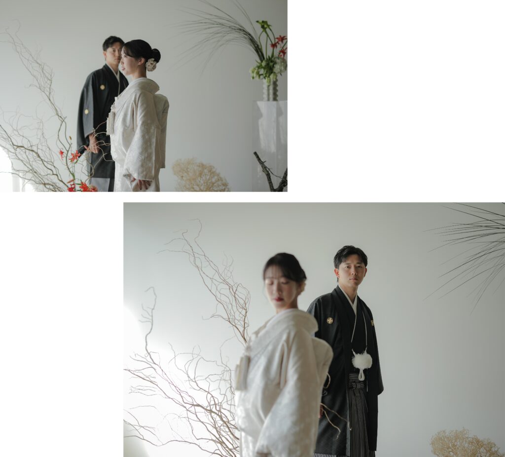 フォトウエディングを彩る上質な花。新郎新婦の美しさを引き立てる、洗練されたアーテ
ィスティックな花材の配置の組み写真 | IN MY LIFE photography