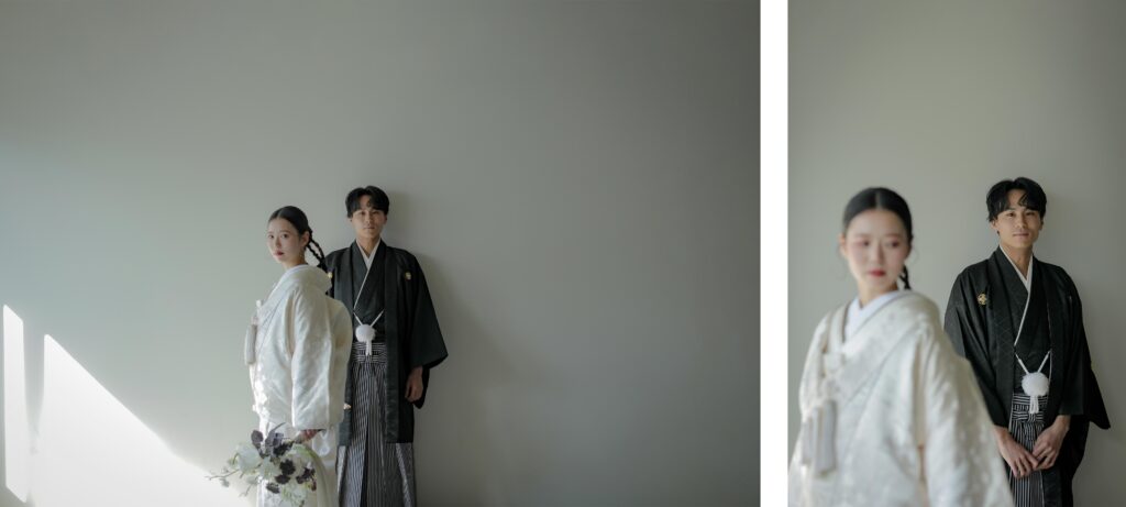 photography 自然光が映えるシンプルなスタジオで、白無垢と紋付袴を纏った和装前撮りの組写真 | IN MY LIFE