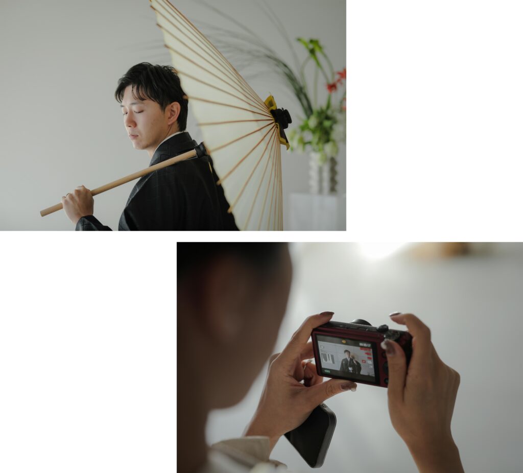 photography
自然光が映えるシンプルなスタジオで、白無垢と紋付袴を纏った和装前撮りの組み写真 | IN MY LIFE