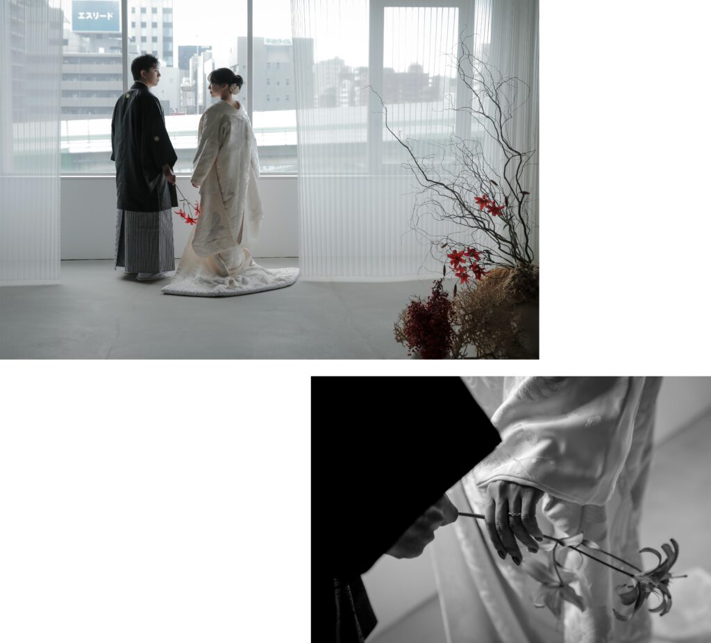 型にはまらない、自由で自然体な和装フォトウエディング。白無垢姿でこぼれる柔らかな
笑顔の一枚の組み写真 | IN MY LIFE photography