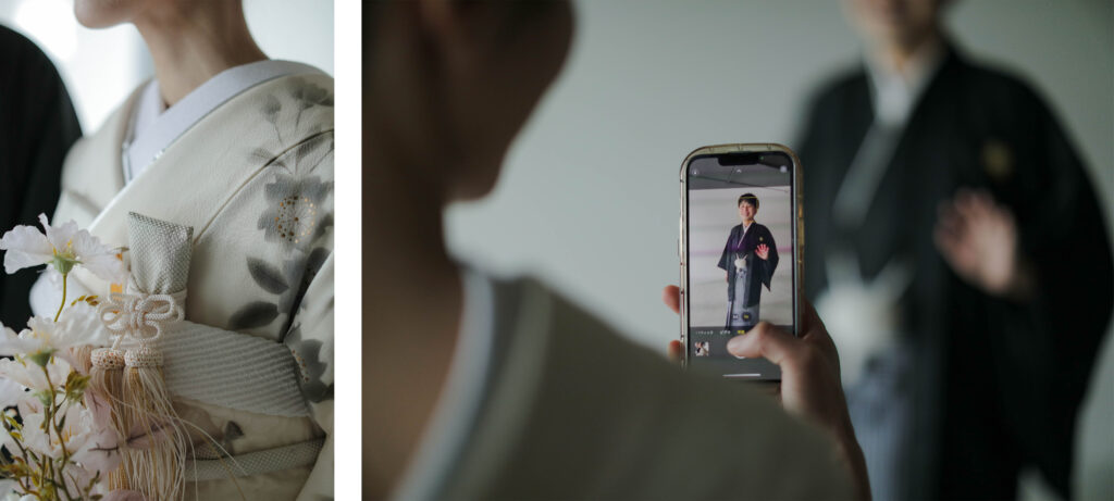 自然光が映えるシンプルなスタジオで、白無垢と紋付袴を纏った和装前撮りの組写真 | IN MY LIFE photography