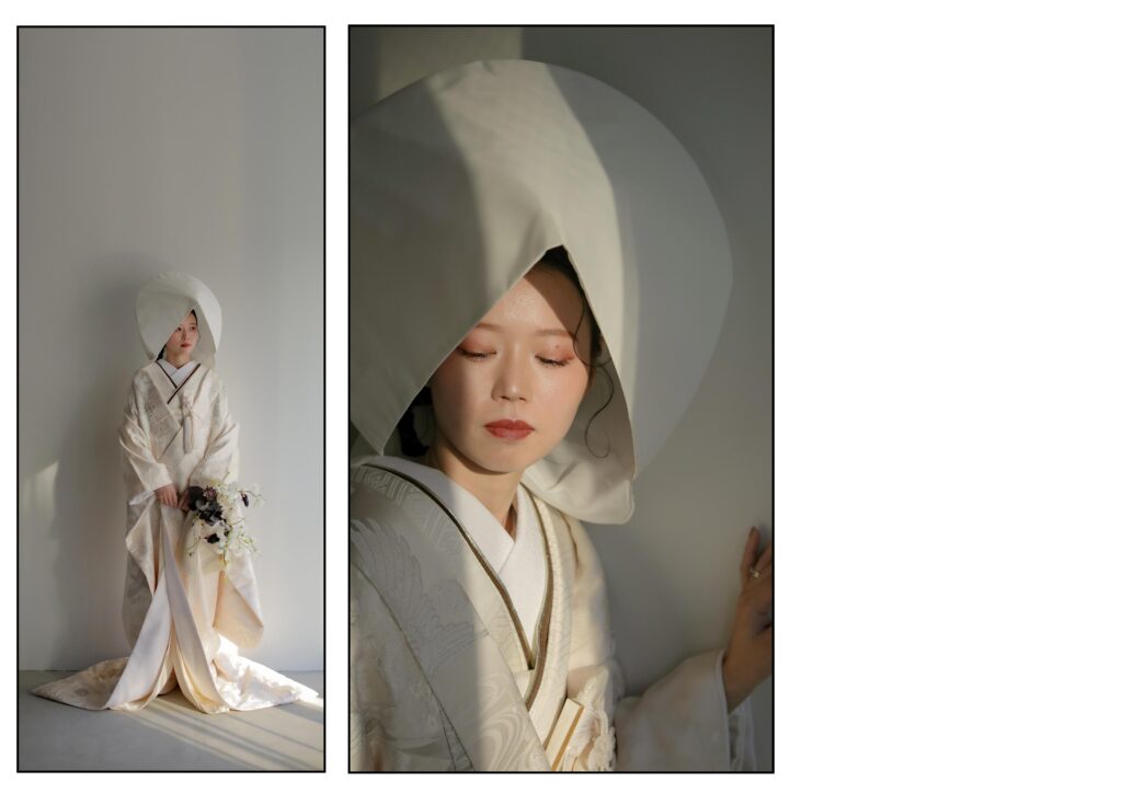 差し込む光が白無垢の陰影を美しく描き出す。シンプルだからこそ本質が伝わる和装カッ トの組み写真 | IN MY LIFE photography