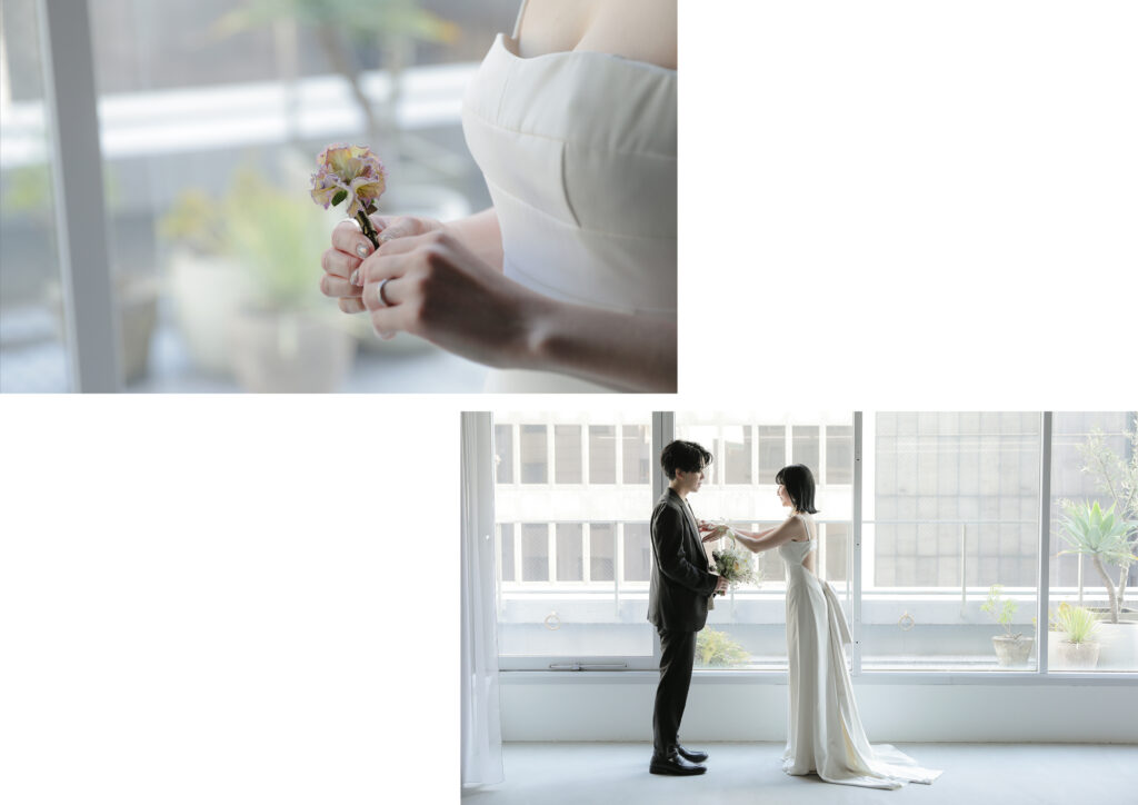 洗練されたドレスとシンプルなヘアメイク。自分たちらしさを表現する、上質な洋装前撮 りの組み写真 | IN MY LIFE photography