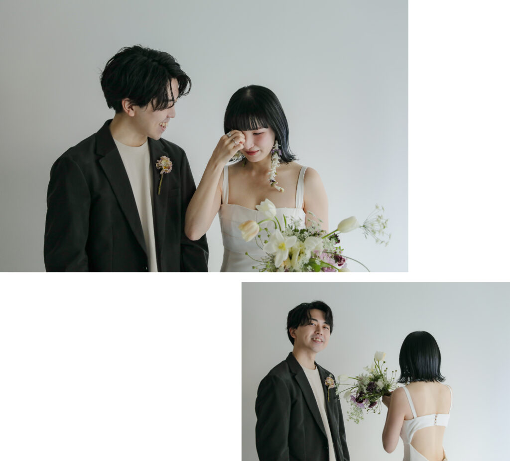 作り込まない自然な笑顔。お互いの空気感を大切に切り取った、等身大な洋装フォトウエ ディングの組み写真 | IN MY LIFE photography