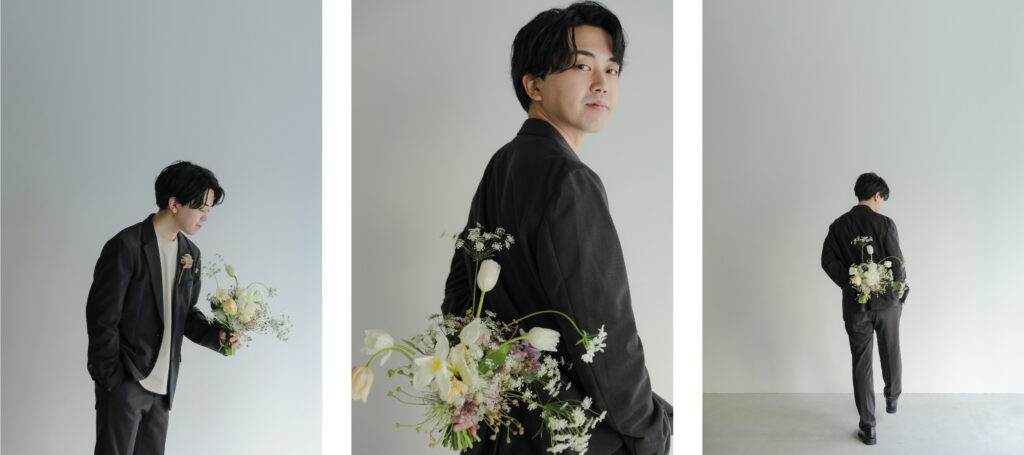 白壁のシンプルなスタジオで撮影された、洗練された洋装のウエディングフォト・前撮りの組み写真| IN MY LIFE photography