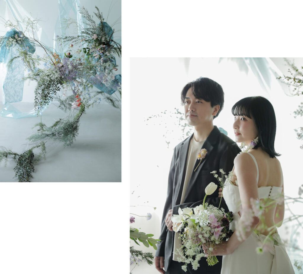 季節の草花を用いたフラワースタイリングの全景と、花の繊細な表情を捉えたディテール カットの組写真 | IN MY LIFE photography