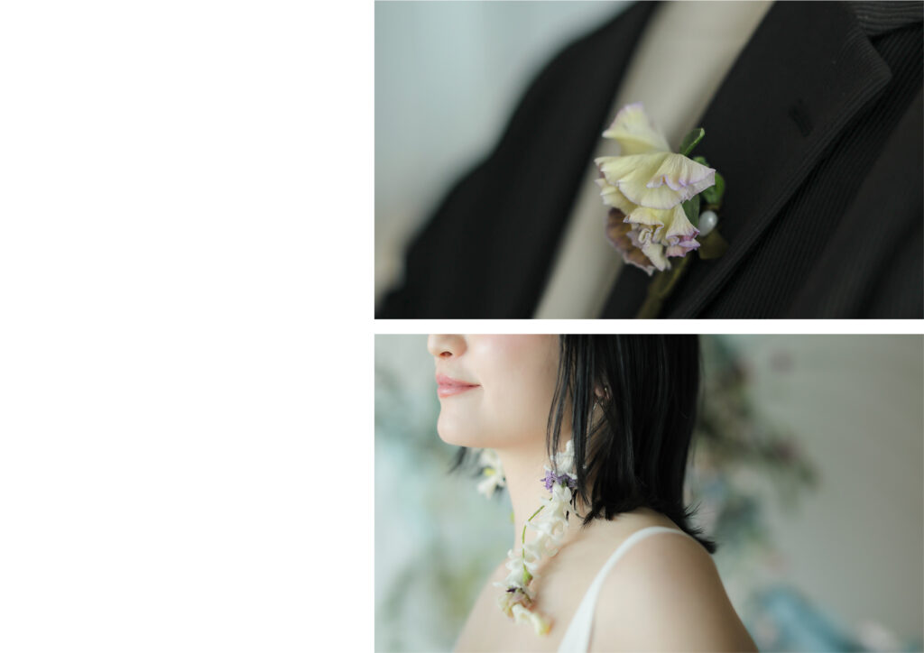 洗練されたドレスとシンプルなヘアメイク。自分たちらしさを表現する、上質な洋装前撮 りの組み写真 | IN MY LIFE photography