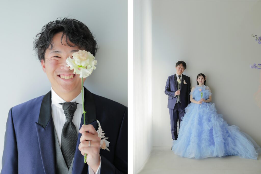 柔らかな光の中での立ち姿と、二人の親密な空気感を切り取ったアップカット。洗練され たドレスで残す洋装前撮りの2枚組み | IN MY LIFE photography