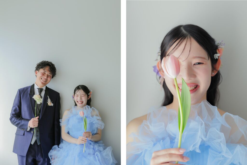 柔らかな光の中での立ち姿と、二人の親密な空気感を切り取ったアップカット。洗練され たドレスで残す洋装前撮りの2枚組み | IN MY LIFE photography