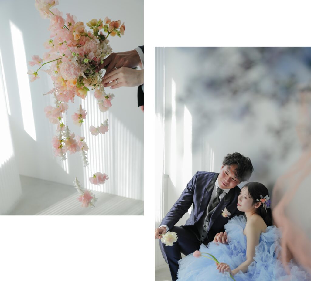 白壁のシンプルなスタジオで撮影された、洗練された洋装のウエディングフォト・前撮りの組み写真| IN MY LIFE photography