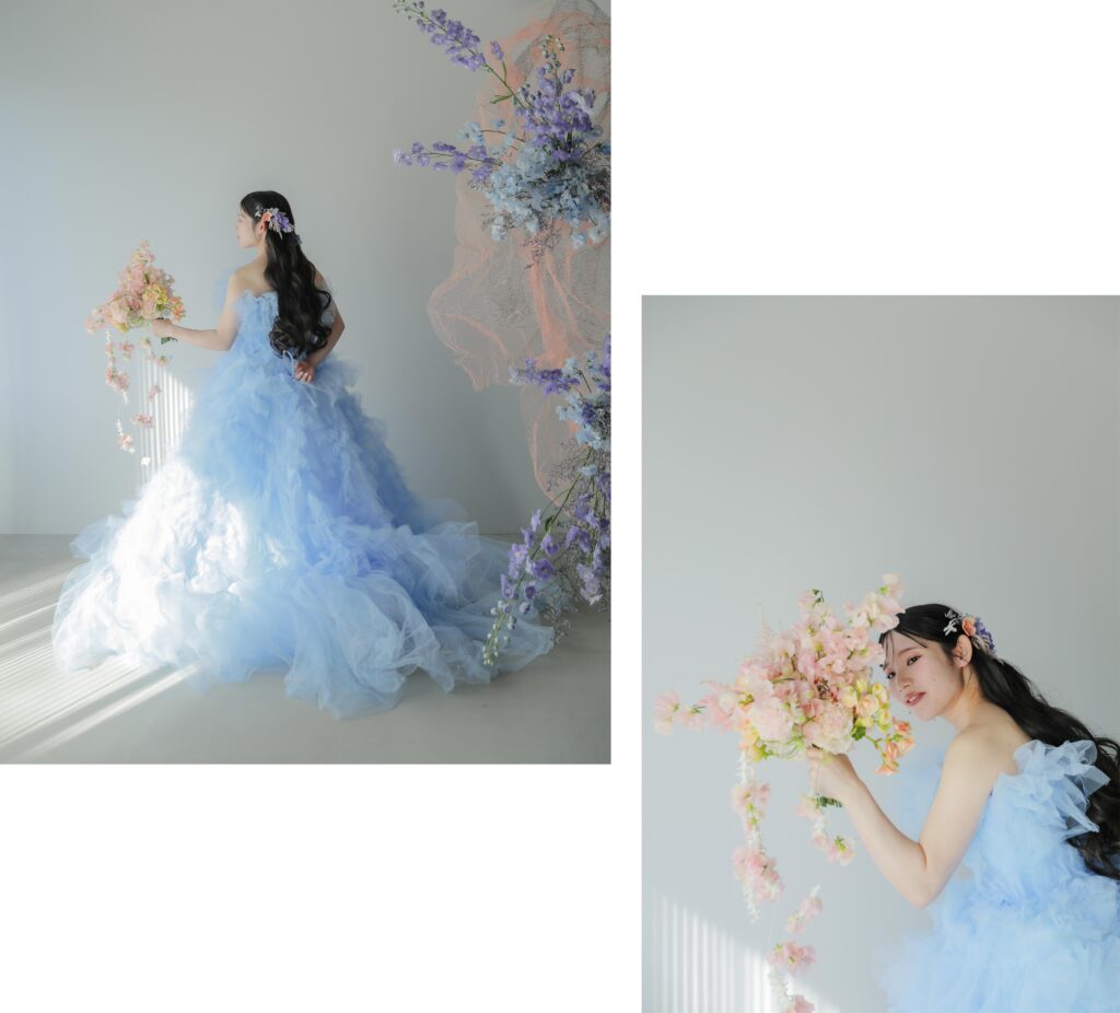 洗練されたドレスとシンプルなヘアメイク。自分たちらしさを表現する、上質な洋装前撮 りの組み写真 | IN MY LIFE photography