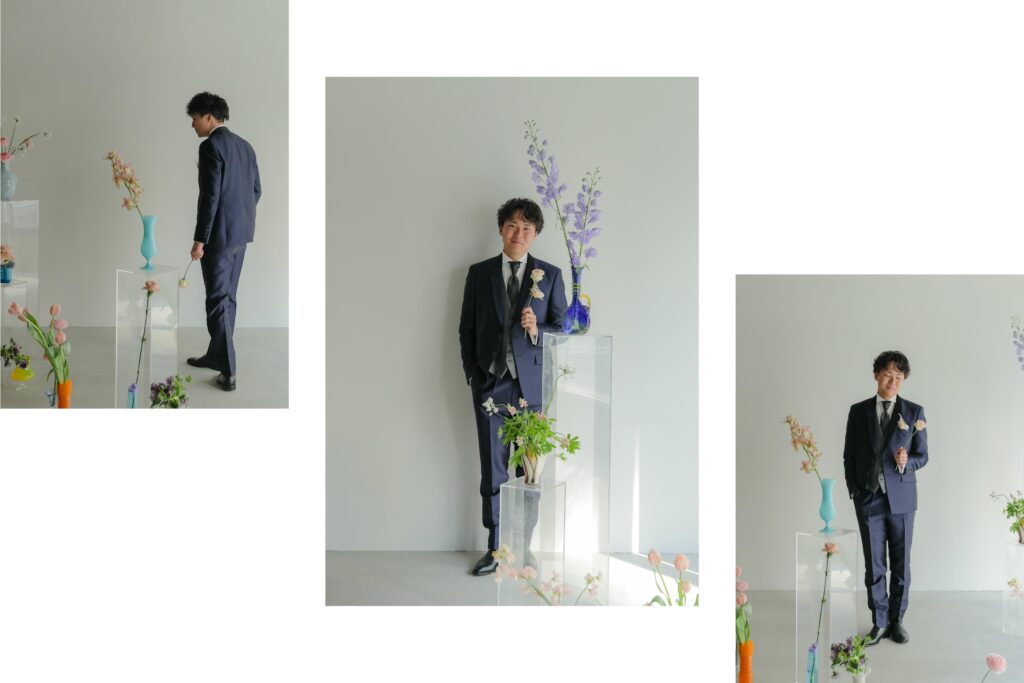 「引き算の美学」で構成された、ミニマルな白壁に映える草花とフラワーベースのスタイ リングの組み写真 | IN MY LIFE photography