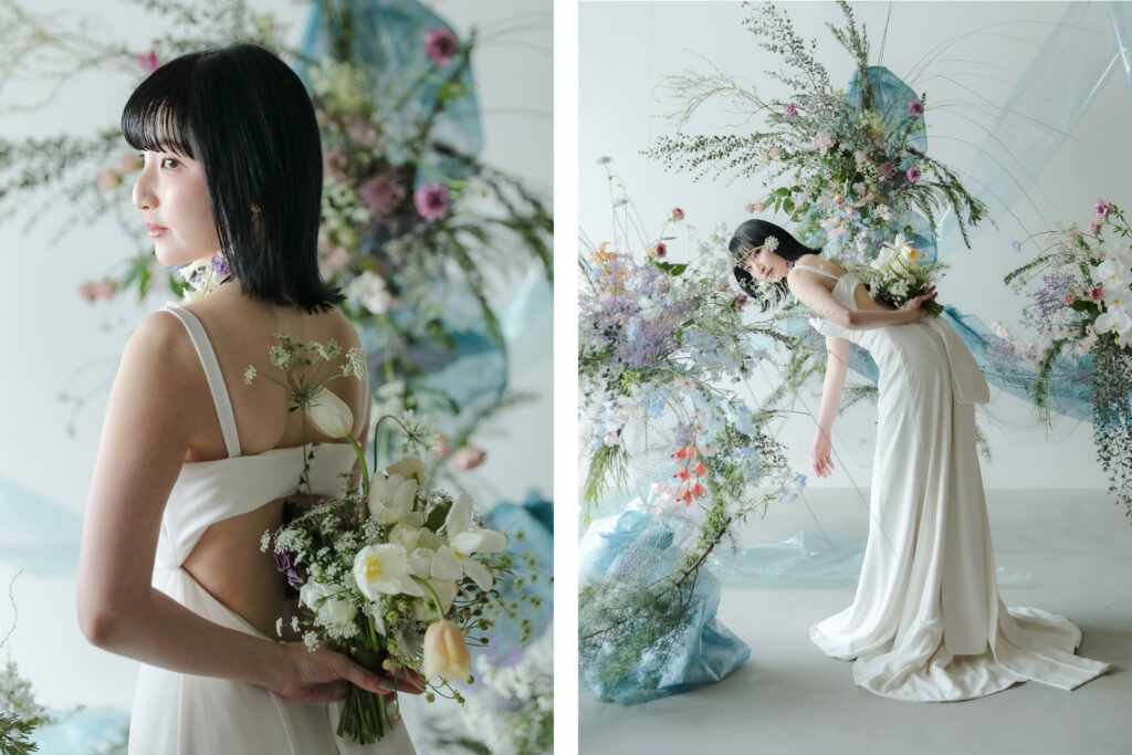 柔らかな自然光が包み込むスタジオで、ドレスの繊細なディテールまで美しく残す前撮り カットの組み写真 | IN MY LIFE photography