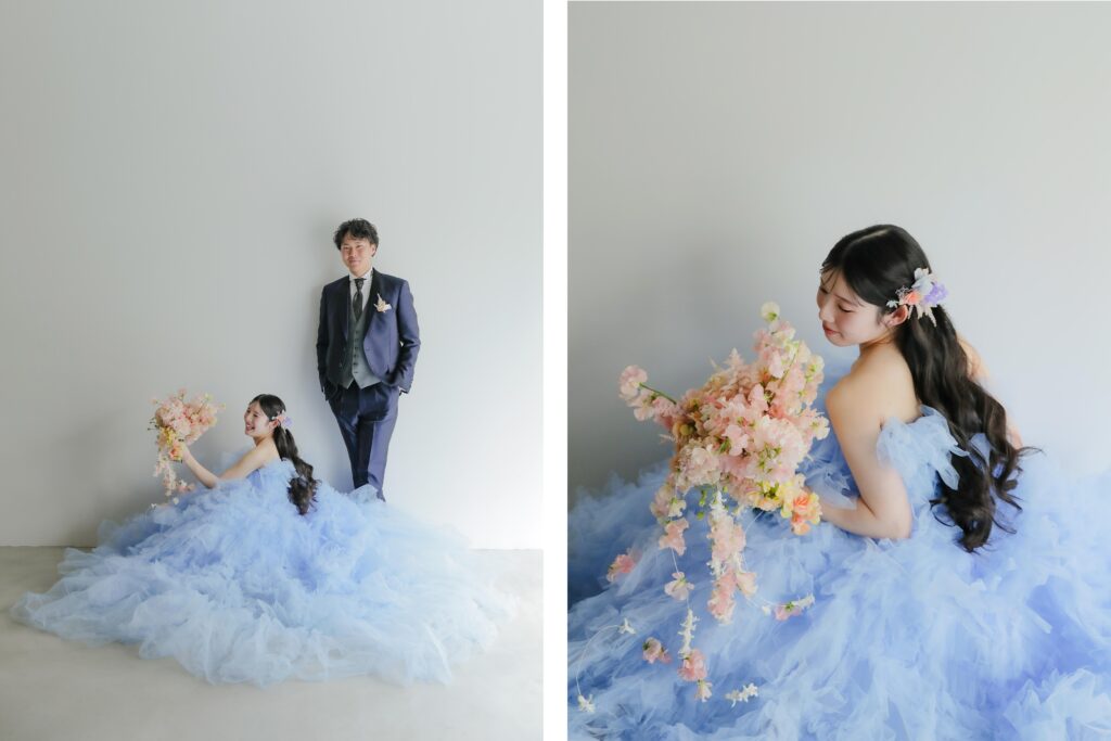 柔らかな光の中での立ち姿と、二人の親密な空気感を切り取ったアップカット。洗練され たドレスで残す洋装前撮りの2枚組み | IN MY LIFE photography