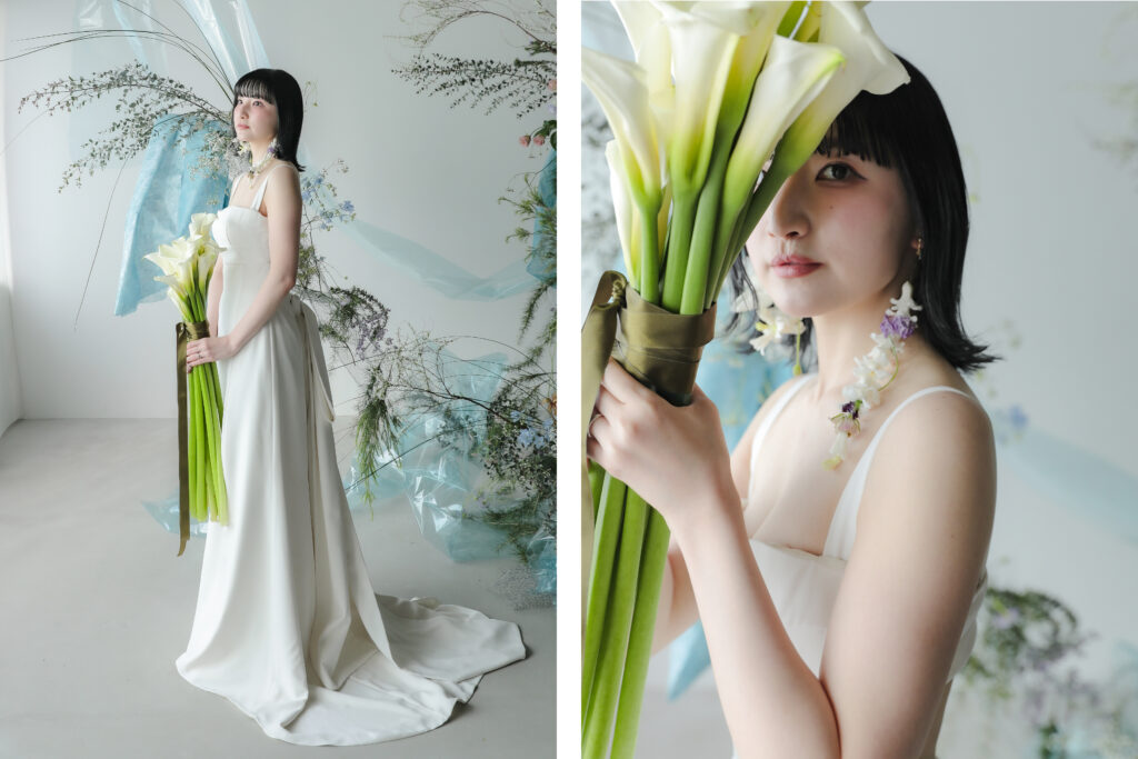 洗練されたドレスとシンプルなヘアメイク。自分たちらしさを表現する、上質な洋装前撮 りの組み写真 | IN MY LIFE photography