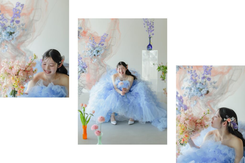 フォトスタジオの白を基調とした空間に飾られた、鮮やかな花とのフラワーベースのスタ イリングの組み写真| IN MY LIFE photography