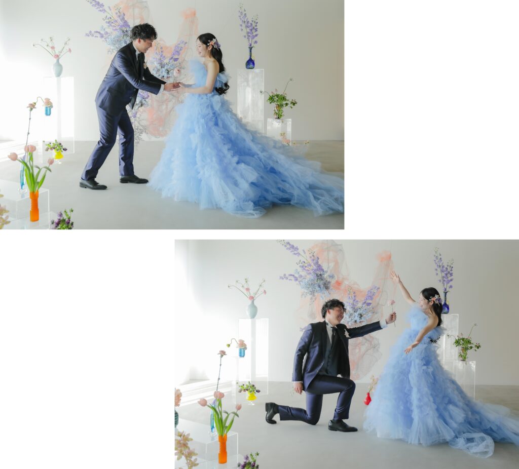 柔らかな自然光が包み込むスタジオで、ドレスの繊細なディテールまで美しく残す前撮り カットの組み写真 | IN MY LIFE photography