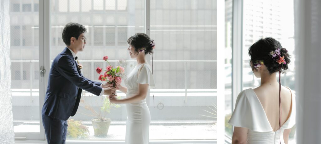柔らかな自然光が包み込むスタジオで、ドレスの繊細なディテールまで美しく残す前撮り
カットの組み写真 | IN MY LIFE photography