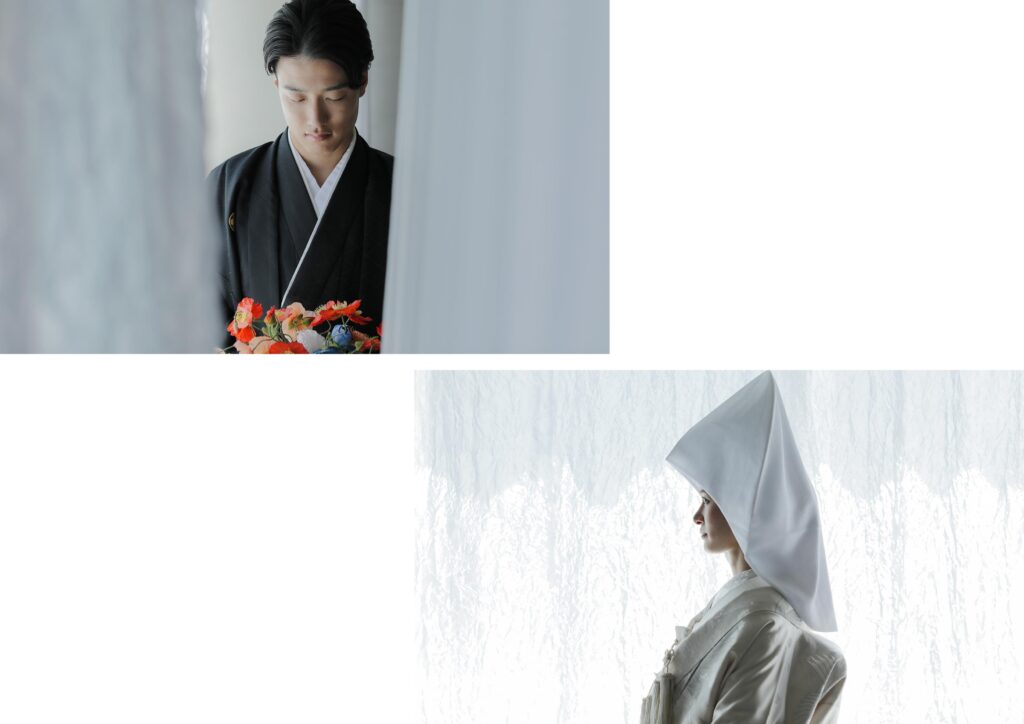 自然光が映えるシンプルなスタジオで、白無垢と紋付袴を纏った和装前撮りの組写真 | IN MY LIFE