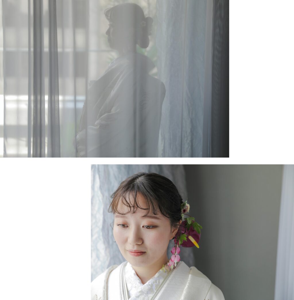 自然光が映えるシンプルなスタジオで、白無垢と紋付袴を纏った和装前撮りの組み写真 | IN MY LIFE