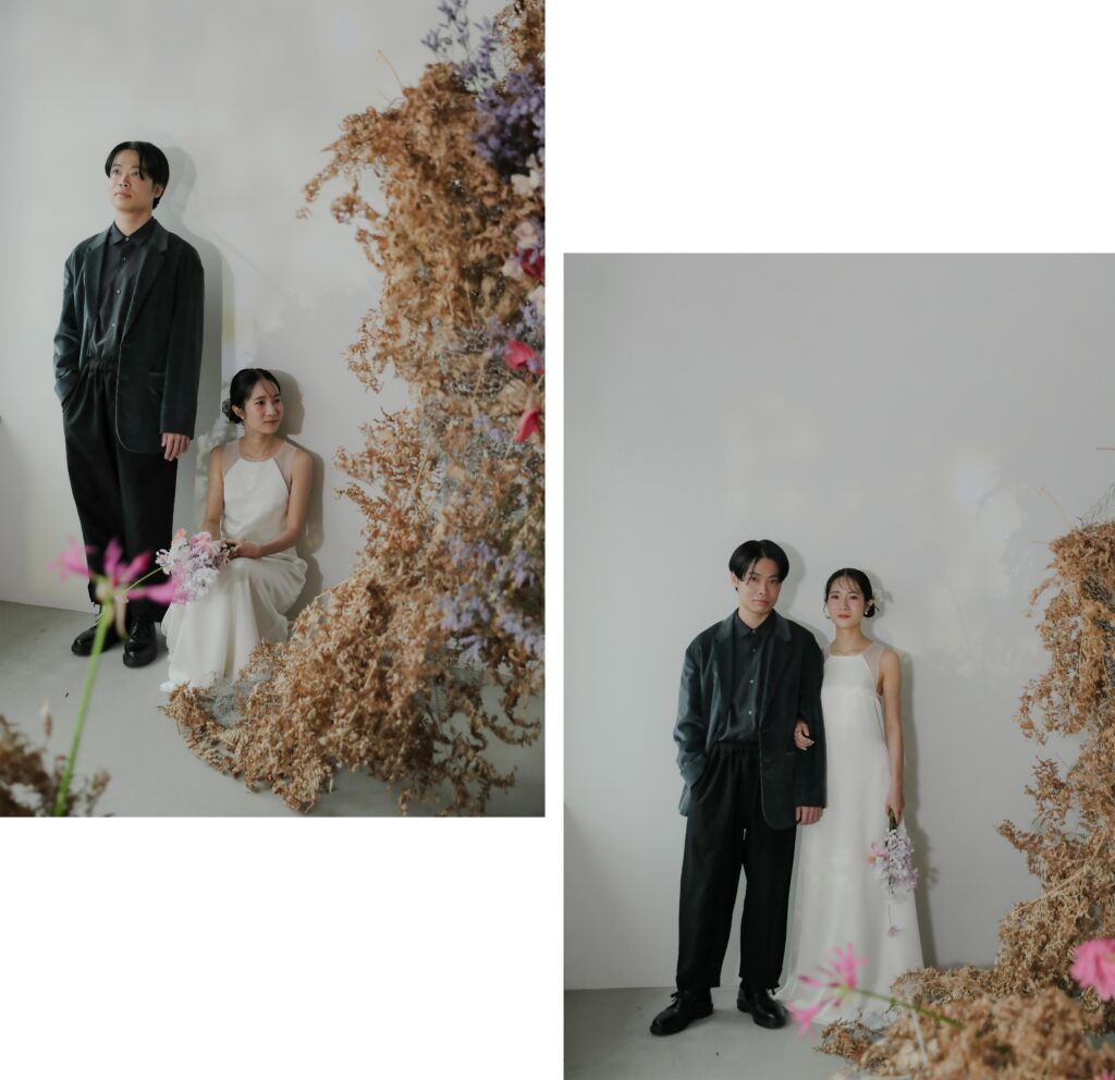 フォトウエディングを彩る上質な花。新郎新婦の美しさを引き立てる、洗練されたアーテ
ィスティックな花材の配置 | IN MY LIFE photography