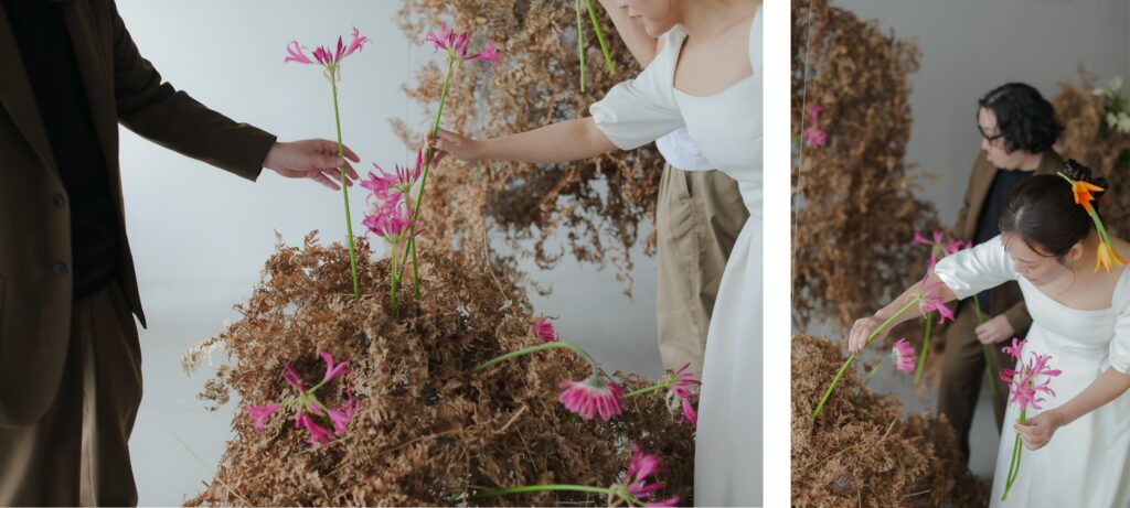 フォトウエディングを彩る上質な花。新郎新婦の美しさを引き立てる、洗練されたアーテ
ィスティックな花材の配置 | IN MY LIFE photography