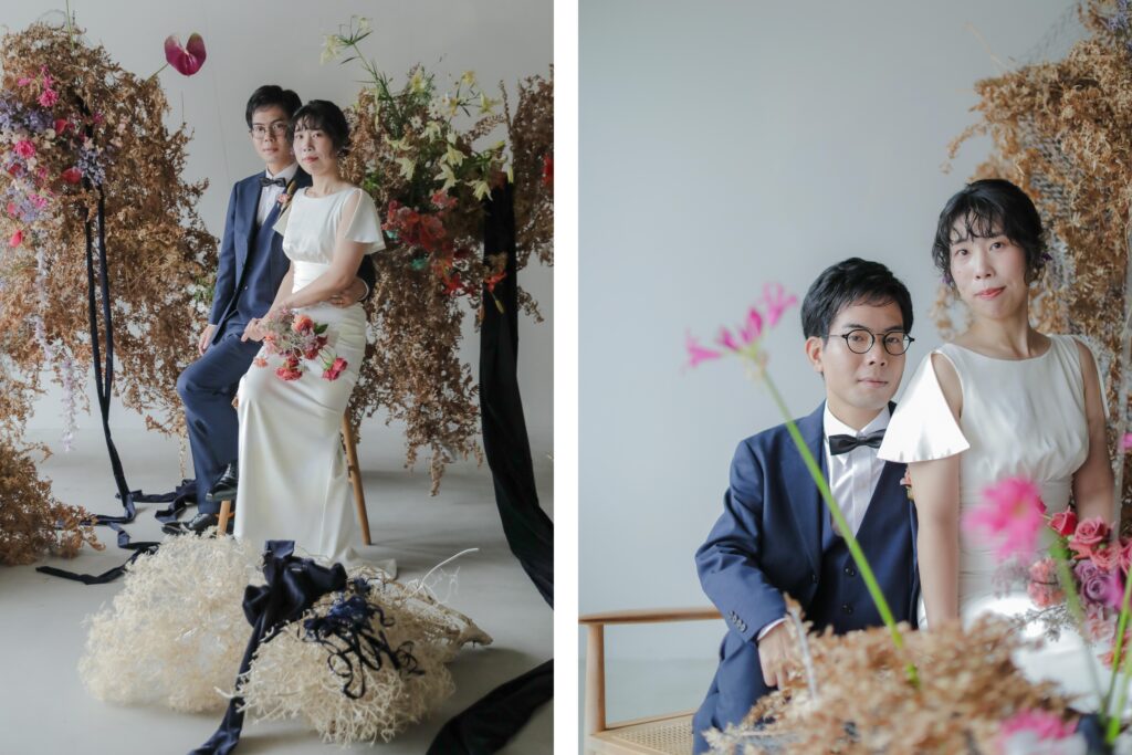 フォトウエディングを彩る上質な花。新郎新婦の美しさを引き立てる、洗練されたアーテ
ィスティックな花材の配置の組み写真 | IN MY LIFE photography