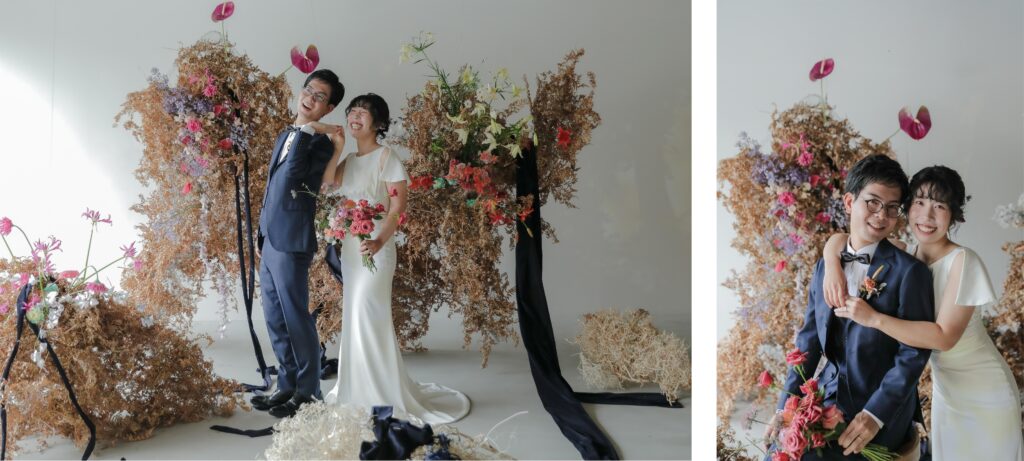フォトウエディングを彩る上質な花。新郎新婦の美しさを引き立てる、洗練されたアーテ
ィスティックな花材の配置 | IN MY LIFE photography