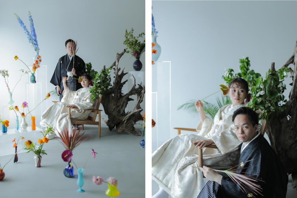 「引き算の美学」で構成された、ミニマルな白壁に映える草花とフラワーベースのスタイ
リングの組み写真 | IN MY LIFE photography