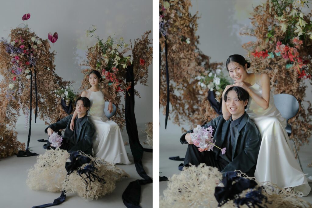 フォトウエディングを彩る上質な花。新郎新婦の美しさを引き立てる、洗練されたアーテ
ィスティックな花材の配置 | IN MY LIFE photography