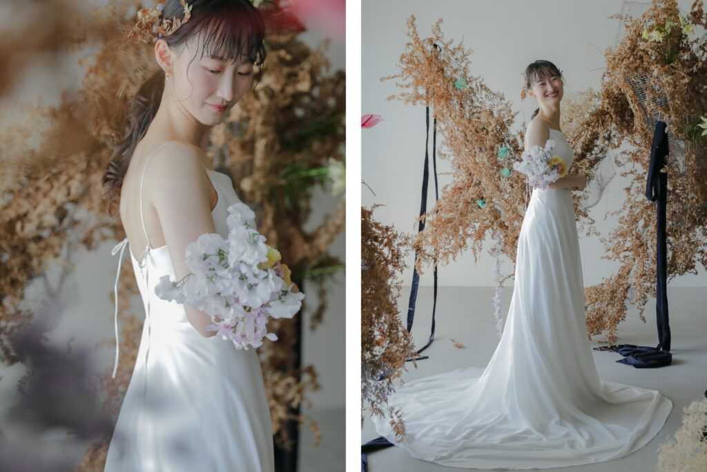 フォトウエディングを彩る上質な花。新郎新婦の美しさを引き立てる、洗練されたアーテ
ィスティックな花材の配置 | IN MY LIFE photography