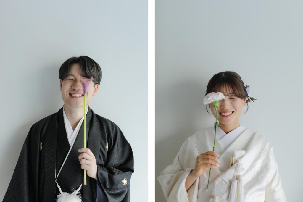 型にはまらない、自由で自然体な和装フォトウエディング。白無垢姿でこぼれる柔らかな
笑顔の組み写真 | IN MY LIFE photography