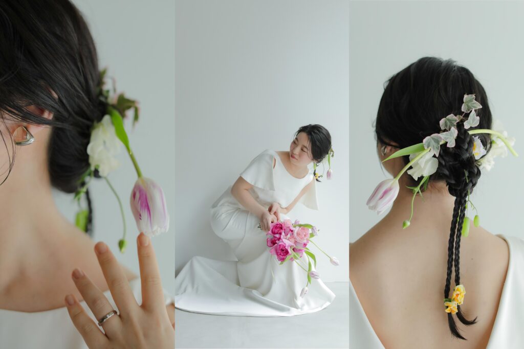 洗練されたドレスとシンプルなヘアメイク。自分たちらしさを表現する、上質な洋装前撮
りの組み写真 | IN MY LIFE photography