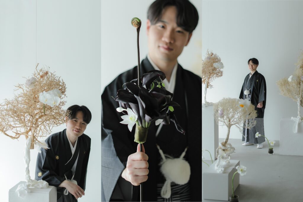 フォトウエディングを彩る上質な花。新郎新婦の美しさを引き立てる、洗練されたアーテ
ィスティックな花材の配置 | IN MY LIFE photography