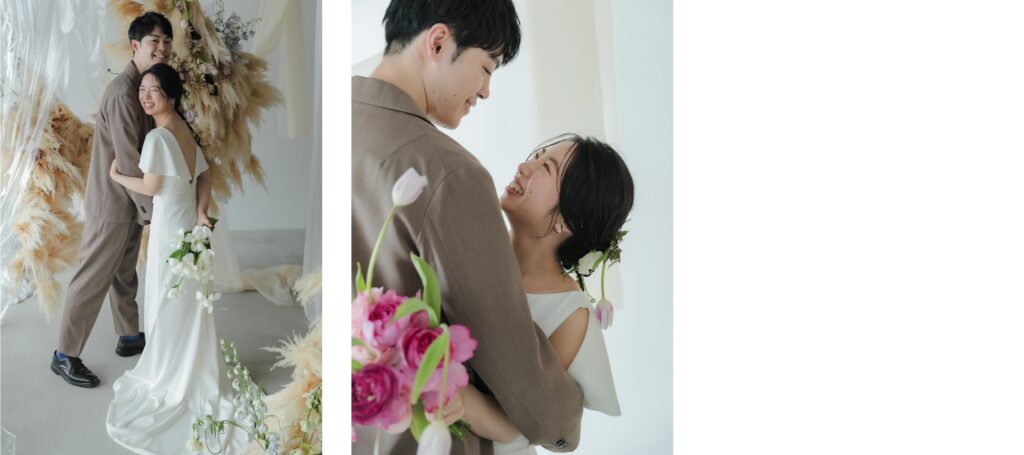 フォトウエディングを彩る上質な花。新郎新婦の美しさを引き立てる、洗練されたアーテ
ィスティックな花材の配置の組み写真 | IN MY LIFE photography