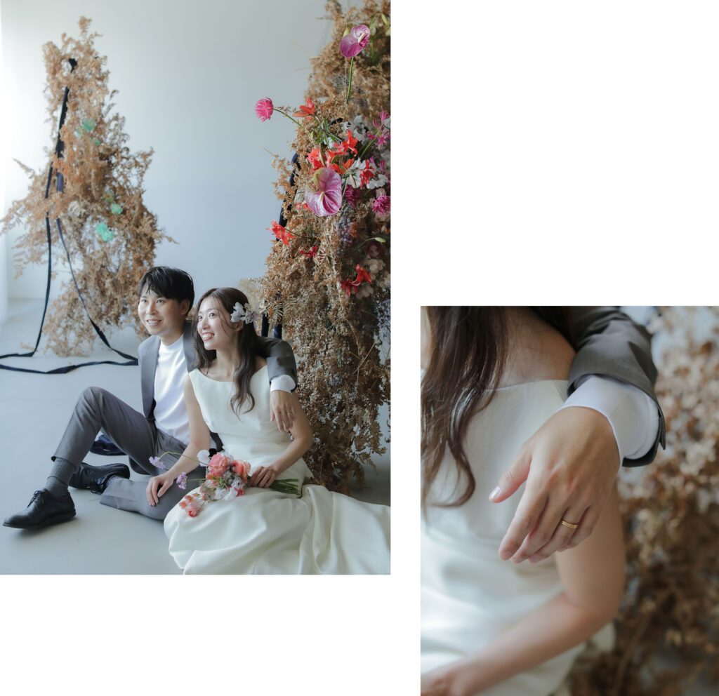 フォトウエディングを彩る上質な花。新郎新婦の美しさを引き立てる、洗練されたアーテ
ィスティックな花材の配置 | IN MY LIFE photography