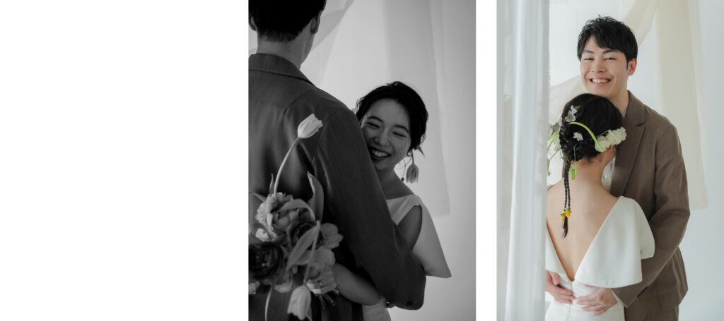 フォトウエディングを彩る上質な花。新郎新婦の美しさを引き立てる、洗練されたアーテ
ィスティックな花材の配置の組み写真 | IN MY LIFE photography