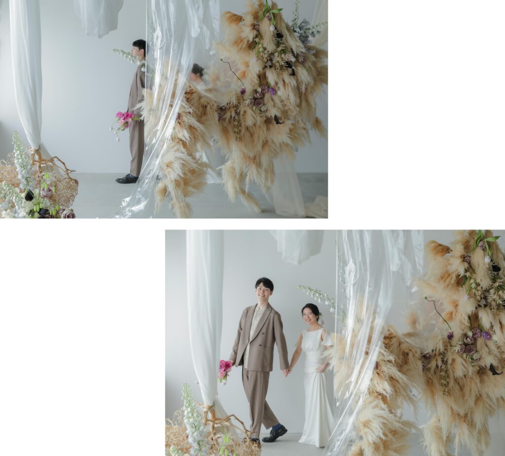 フォトウエディングを彩る上質な花。新郎新婦の美しさを引き立てる、洗練されたアーテ
ィスティックな花材の配置の組み写真 | IN MY LIFE photography