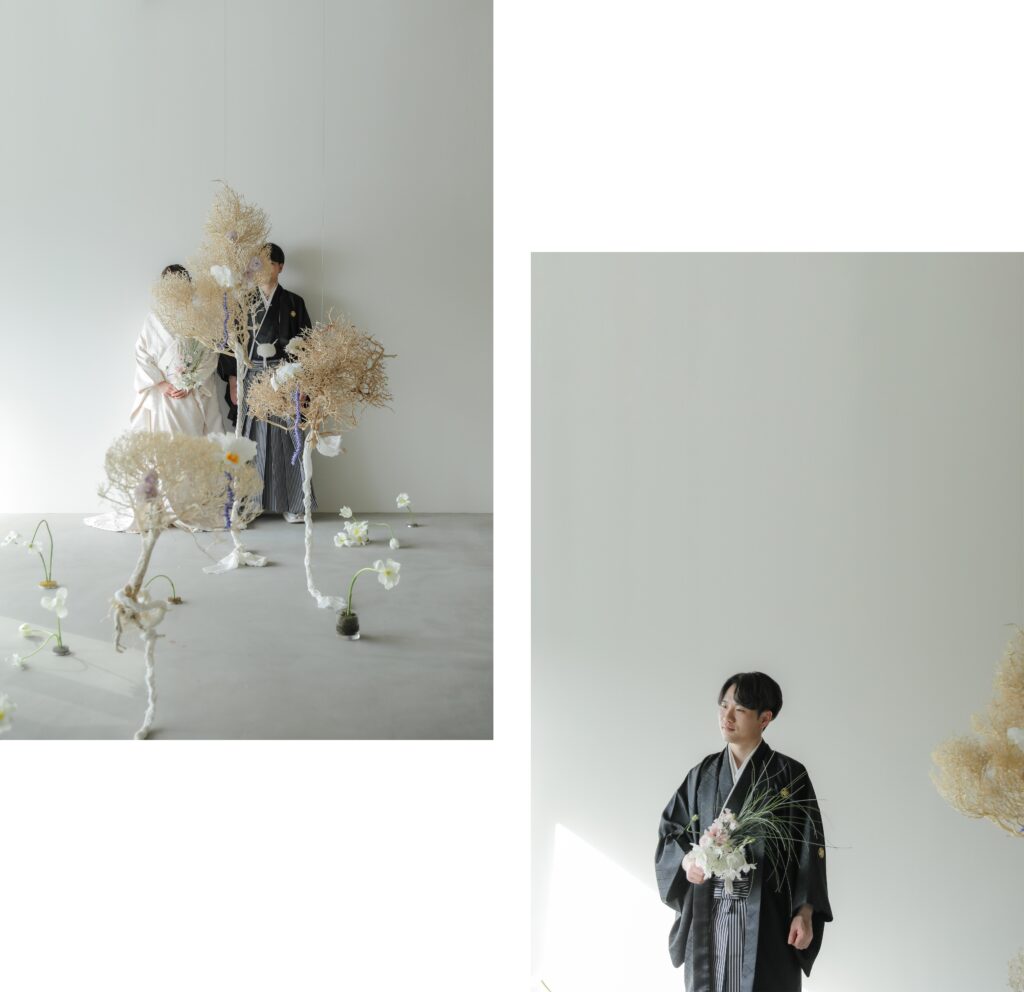 フォトウエディングを彩る上質な花。新郎新婦の美しさを引き立てる、洗練されたアーテ
ィスティックな花材の配置の組み写真 | IN MY LIFE photography