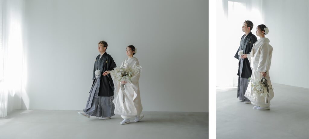 自然光が映えるシンプルなスタジオで、白無垢と紋付袴を纏った和装前撮り | IN MY LIFE photography
