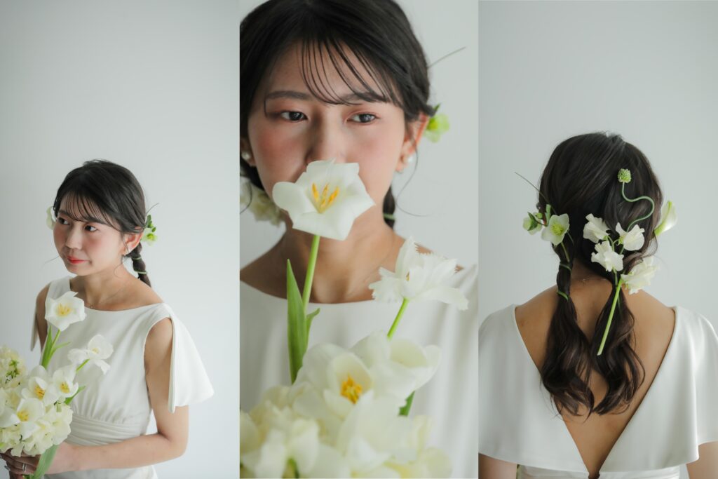 洗練されたドレスとシンプルなヘアメイク。自分たちらしさを表現する、上質な洋装前撮
りの組み写真 | IN MY LIFE photography