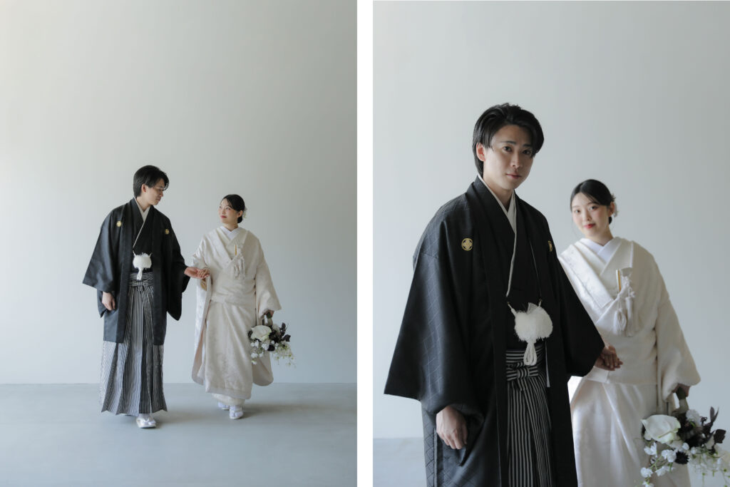 photography 自然光が映えるシンプルなスタジオで、白無垢と紋付袴を纏った和装前撮りの組み写真 | IN MY LIFE photography