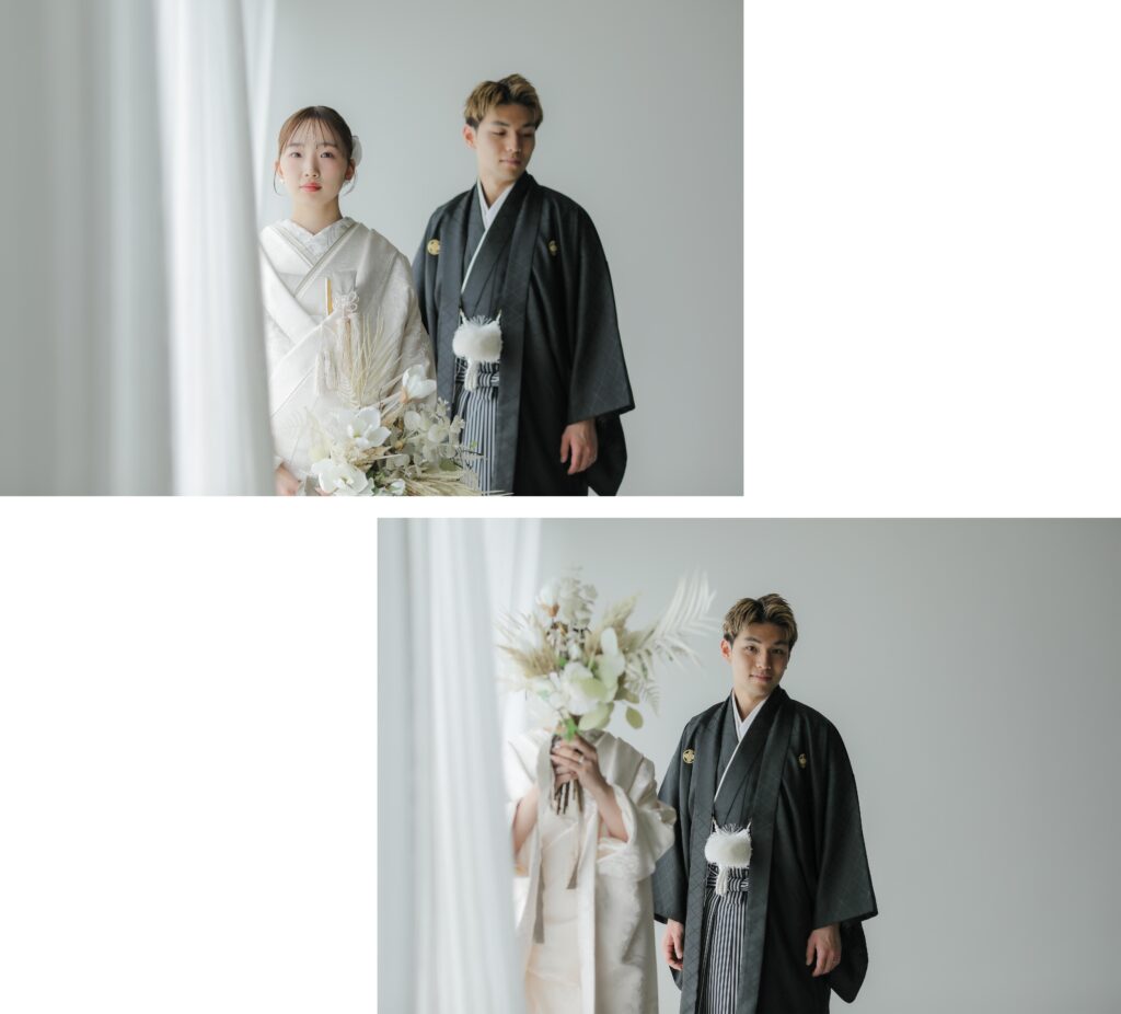 自然光が映えるシンプルなスタジオで、白無垢と紋付袴を纏った和装前撮りの組み写真 | IN MY LIFE photography