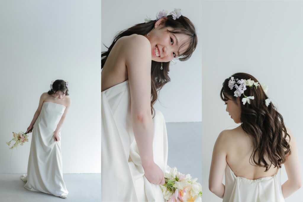 洗練されたドレスとシンプルなヘアメイク。自分たちらしさを表現する、上質な洋装前撮
りの組み写真 | IN MY LIFE photography