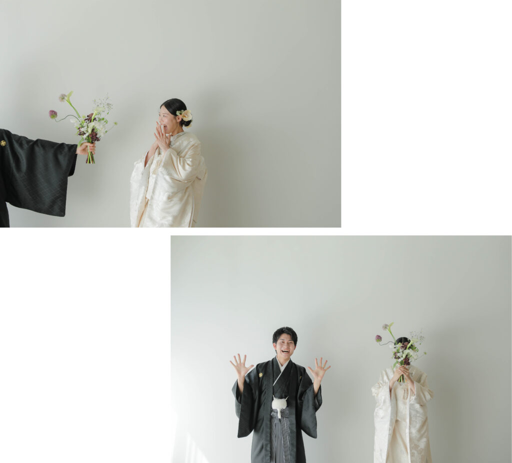 型にはまらない、自由で自然体な和装フォトウエディング。白無垢姿でこぼれる柔らかな 笑顔のカットの組み写真 | IN MY LIFE photography