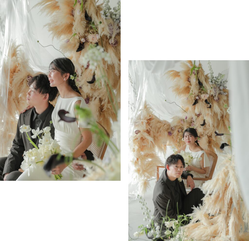 フォトウエディングを彩る上質な花。新郎新婦の美しさを引き立てる、洗練されたアーテ
ィスティックな花材の配置 | IN MY LIFE photography