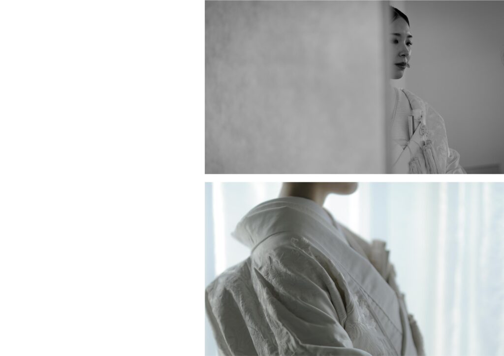 和装の場合） photography 自然光が映えるシンプルなスタジオで、白無垢と紋付袴を纏った和装前撮りの組写真 | IN MY LIFE